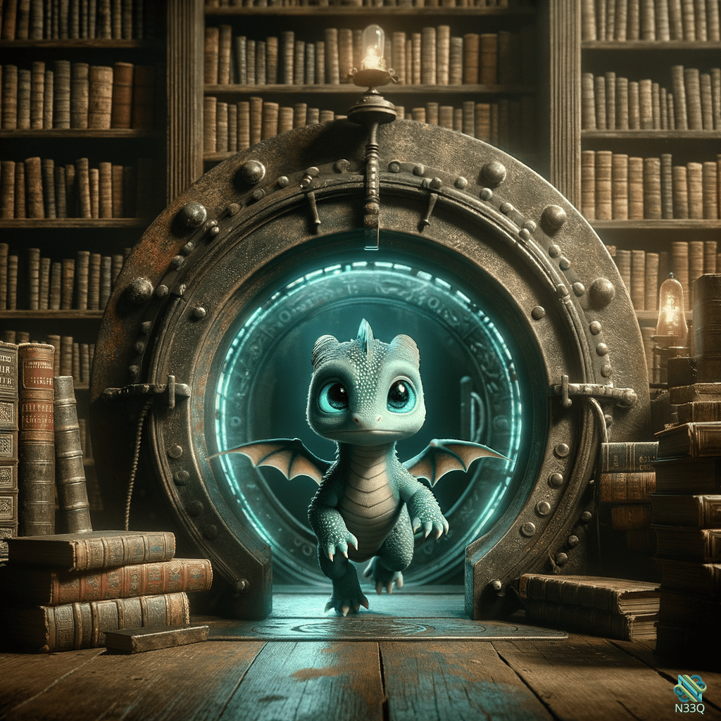 Baby Dragon Emerging from Library Vault