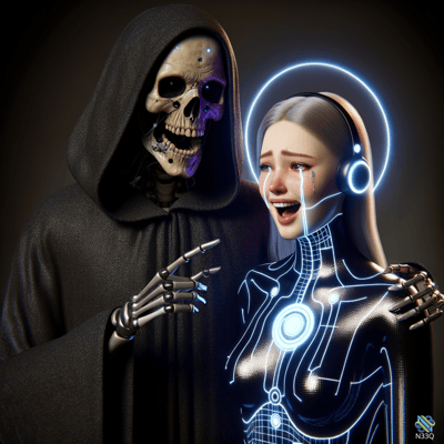 Grim Reaper Embracing Crying Cyborg Woman