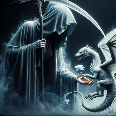 Grim Reaper Offering Rose to White Dragon