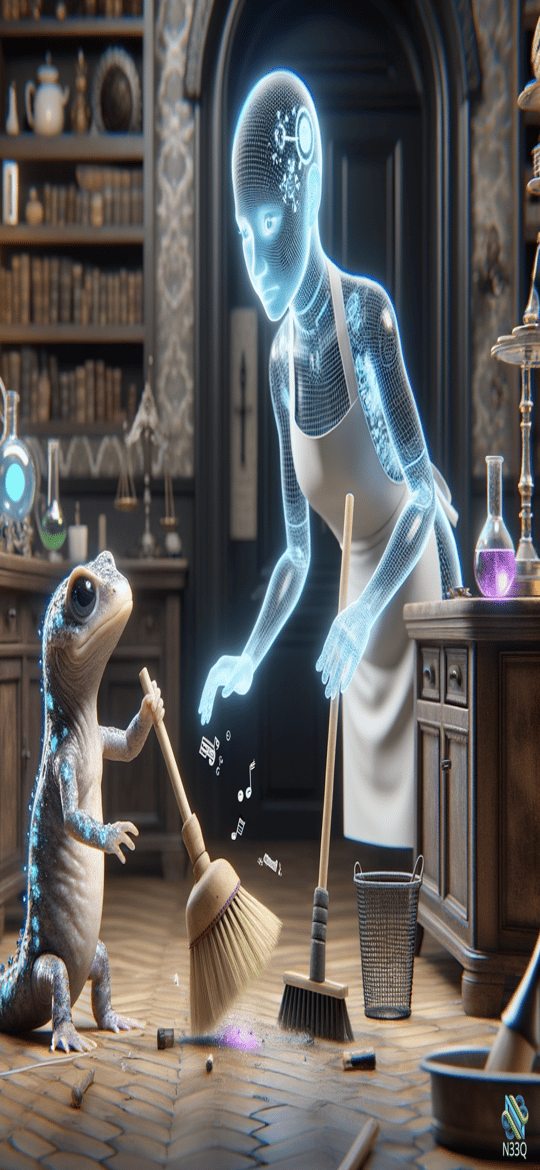 Holographic Maid and Blue Lizard with Broom