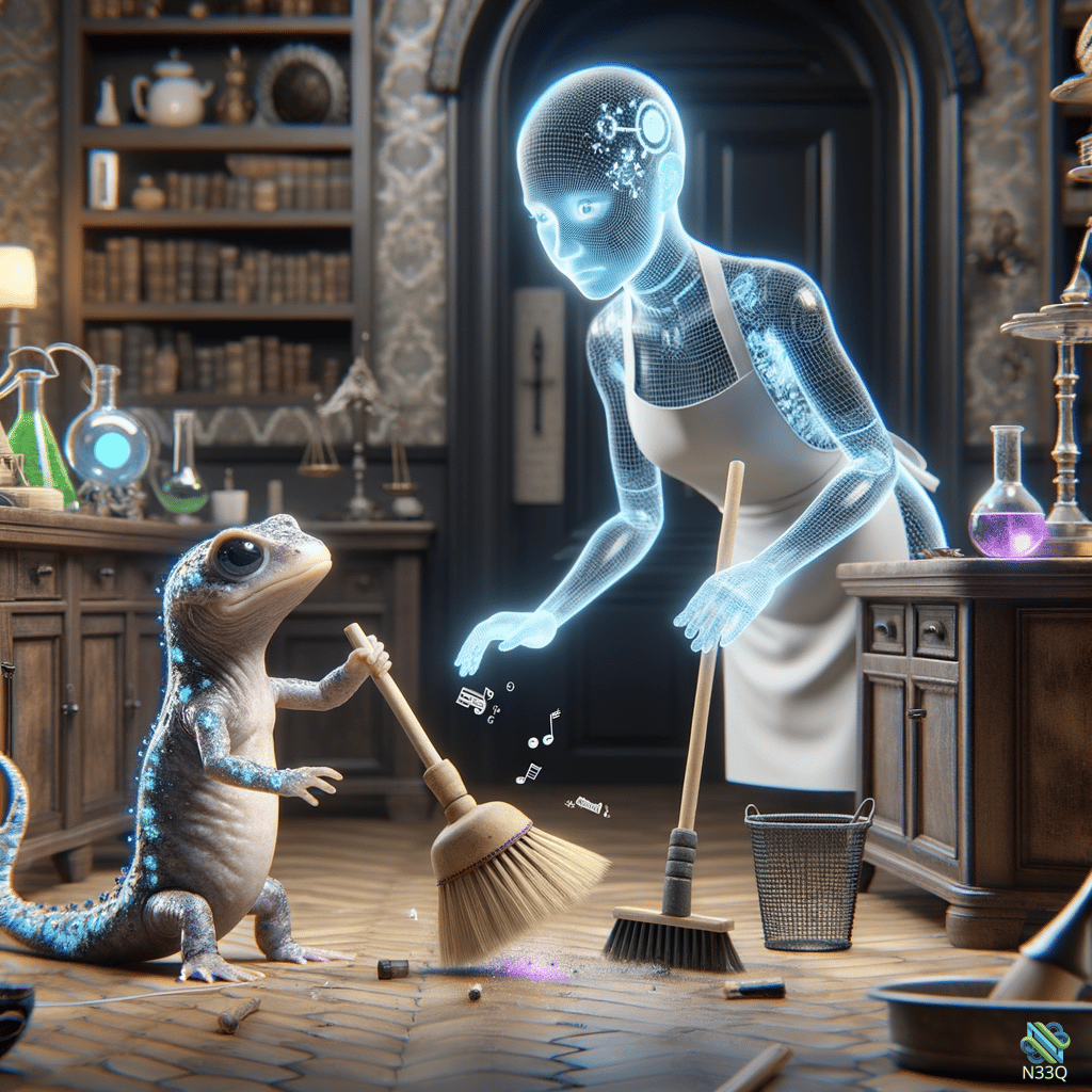 Holographic Maid and Blue Lizard with Broom