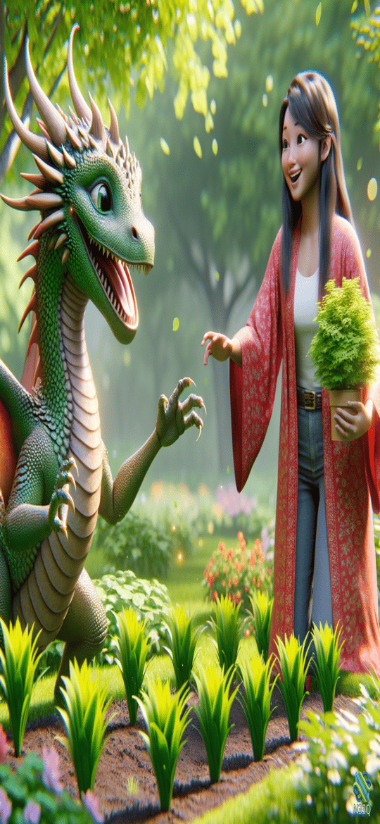Woman Greeting Green Dragon in Garden