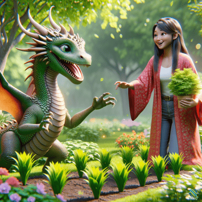 Woman Greeting Green Dragon in Garden