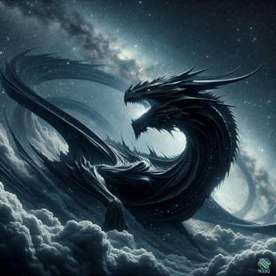 Black Dragon Soaring Through Starry Clouds