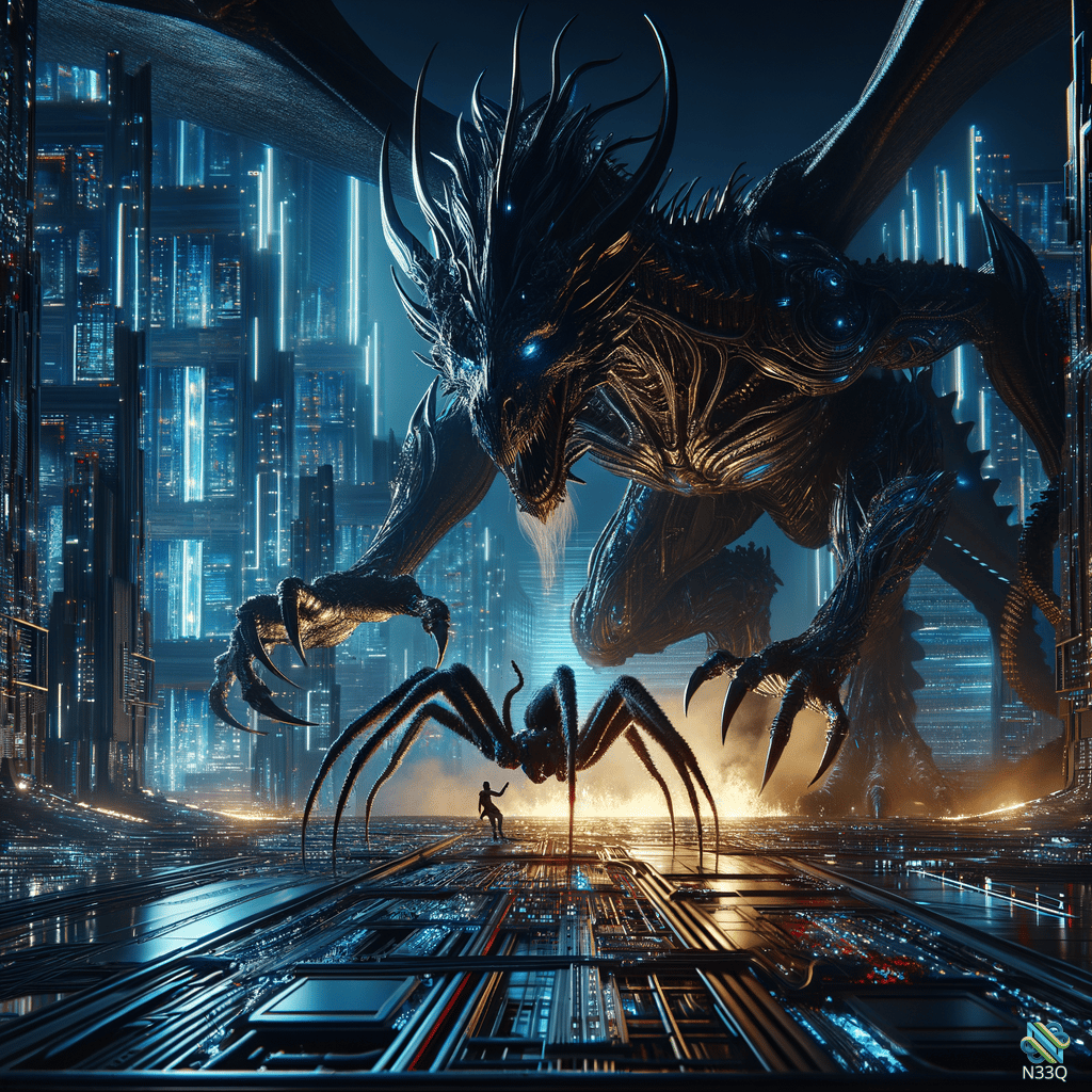 Colossal Dragon and Giant Spider Over Neon City