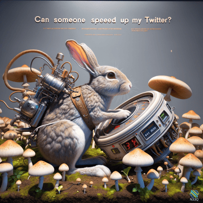 Cyborg Rabbit Operating Futuristic Device in Mushroom Field