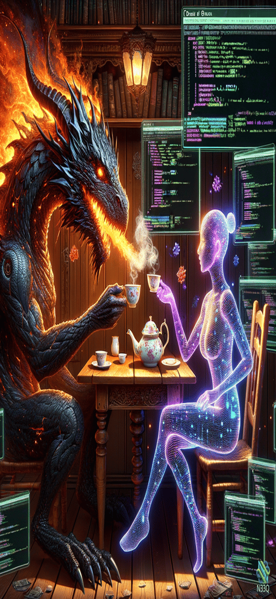 Cyber Dragon and Holographic Woman Sharing Tea