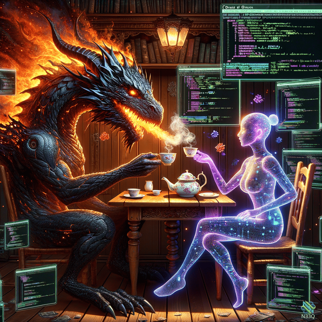Cyber Dragon and Holographic Woman Sharing Tea