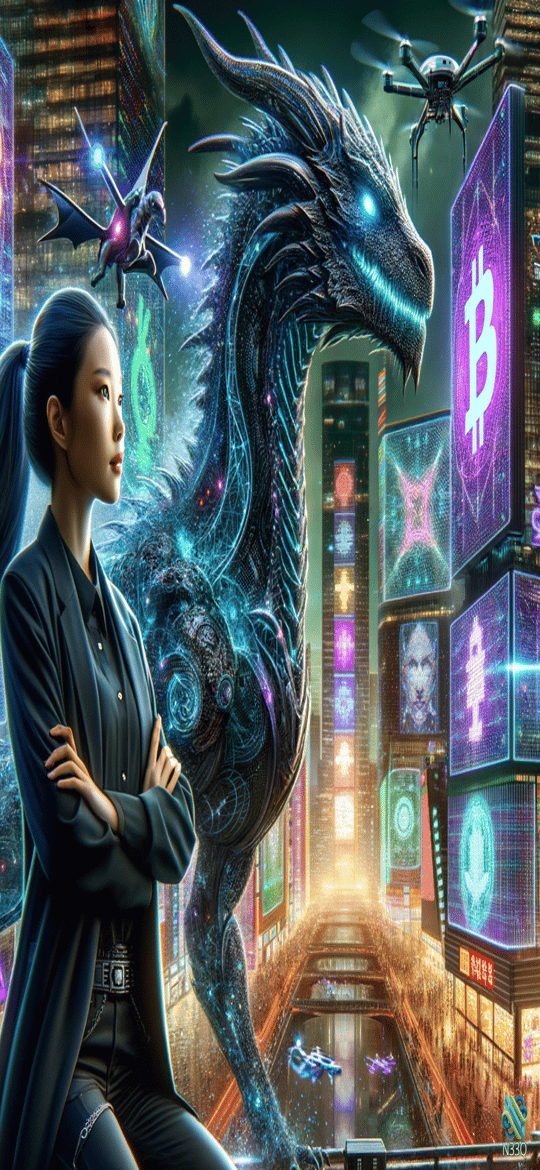 Woman and Neon Cyber Dragon in Bitcoin City