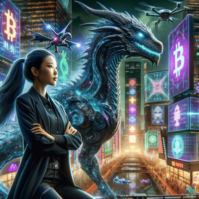 Woman and Neon Cyber Dragon in Bitcoin City