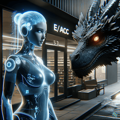 Blue Cyborg Confronts Dragon on City Street