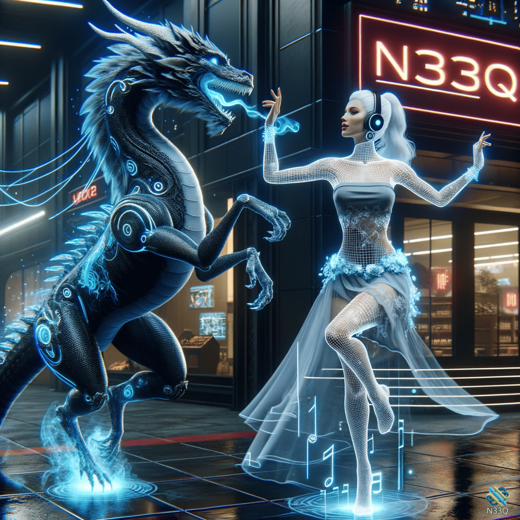 Cyber Dragon and Holographic Dancer in Neon Night