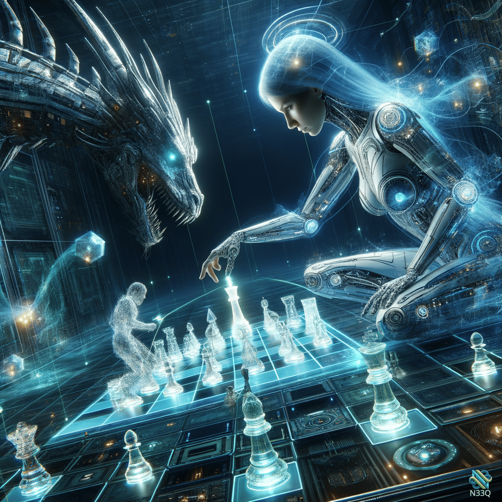 Cyborg Facing Mechanical Dragon Over Chessboard