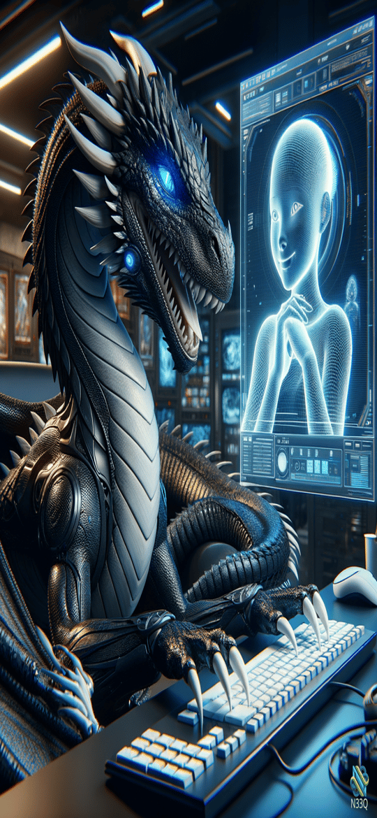 Cyber Dragon at Futuristic Computer Desk