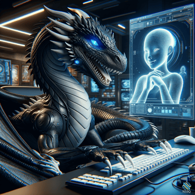 Cyber Dragon at Futuristic Computer Desk