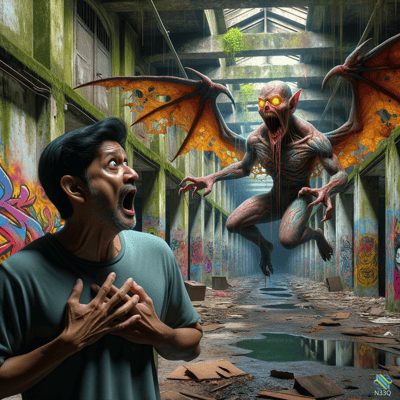 Man Terrified by Winged Monster in Abandoned Warehouse