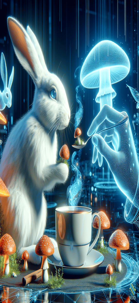 White Rabbit with Holographic Mushroom and Coffee