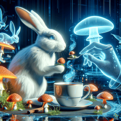 White Rabbit with Holographic Mushroom and Coffee