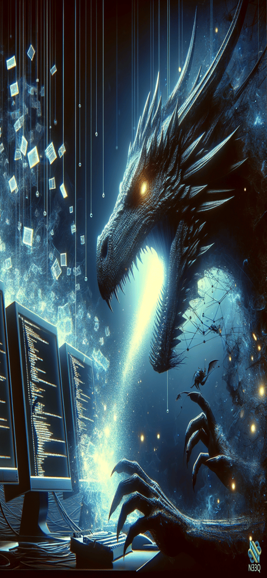 Cyber Dragon Emerging from Computer Monitors