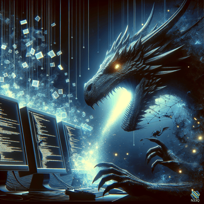 Cyber Dragon Emerging from Computer Monitors