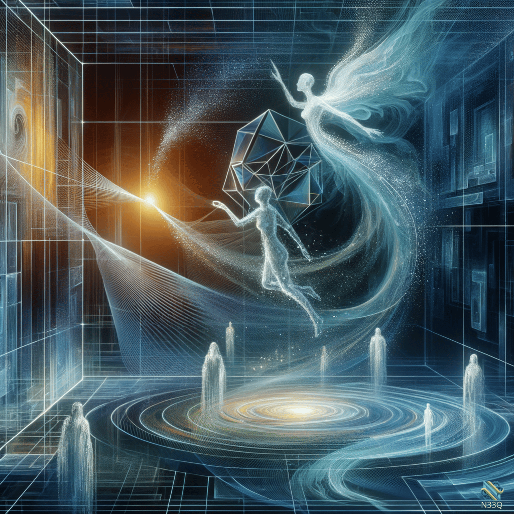 Ethereal Figures with Geometric Polyhedron in Grid Room