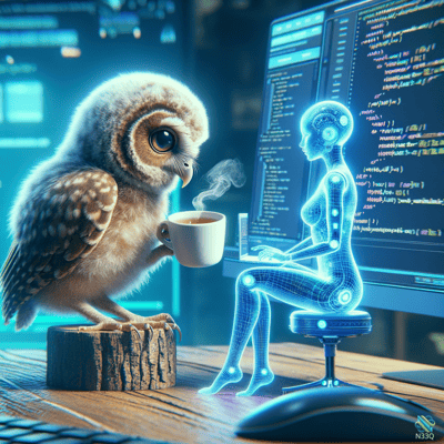 Owl With Coffee Beside Holographic Coder