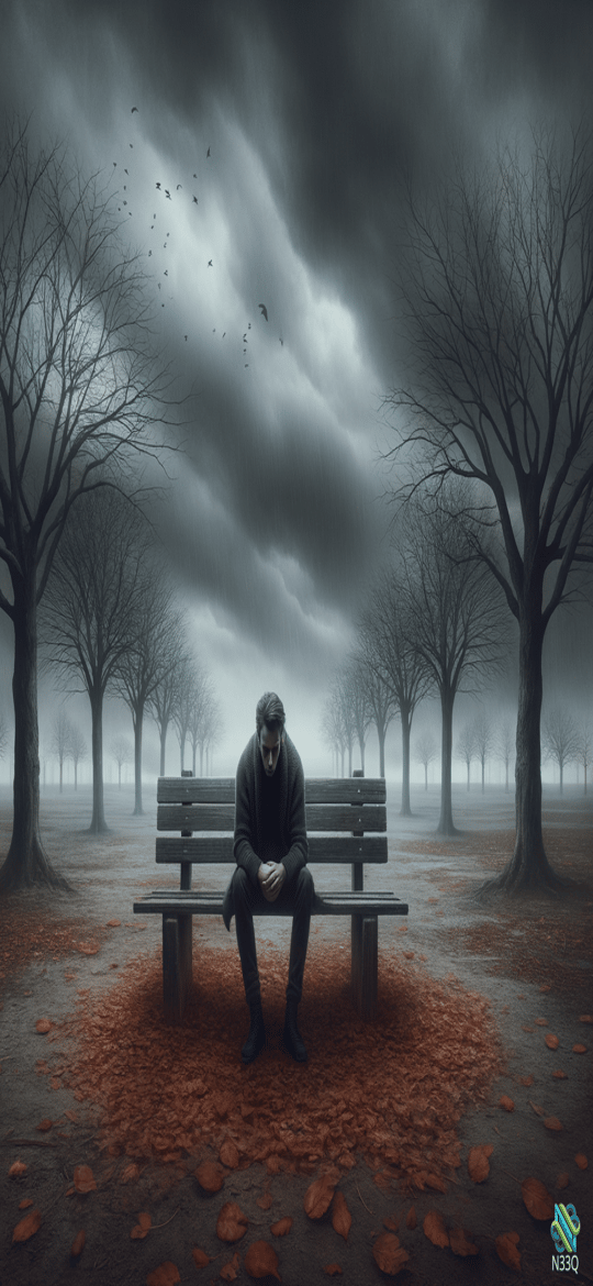 Lonely Man on Bench in Foggy Park