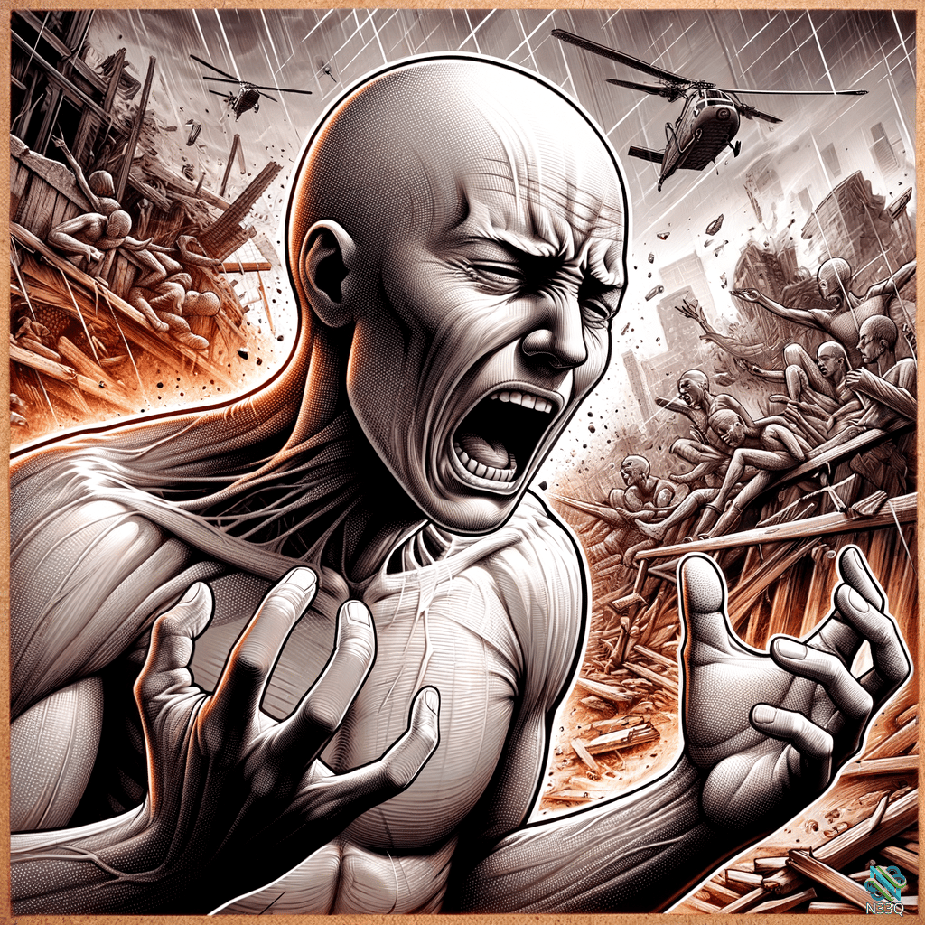 Muscular Bald Man Screaming in War Ruins