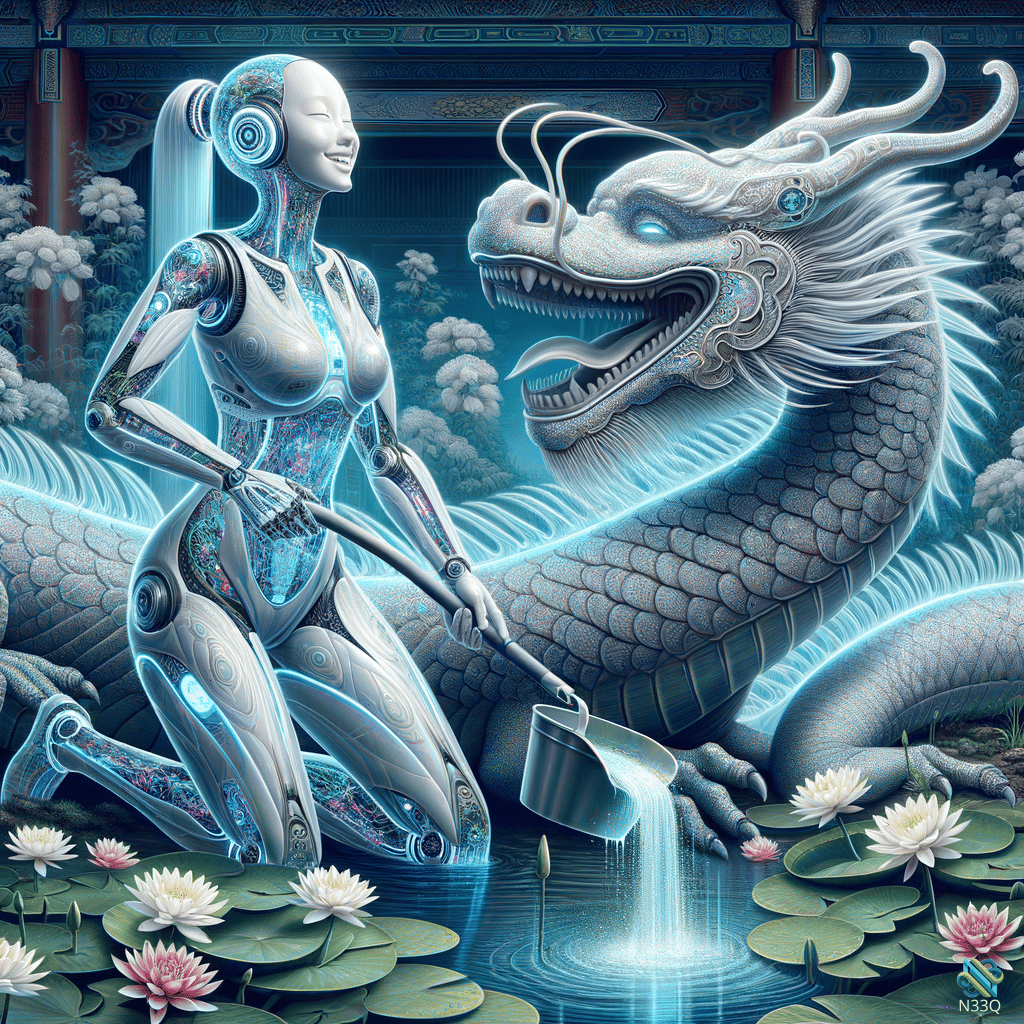 Cyborg Woman Pouring Water for Mechanical Dragon