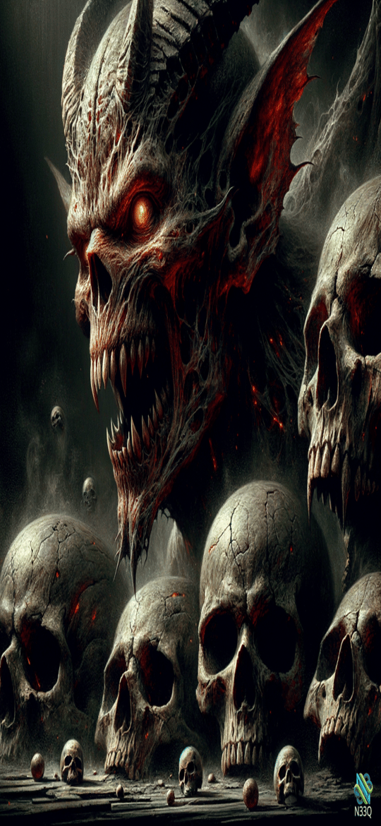 Demonic Skull Over Human Skulls