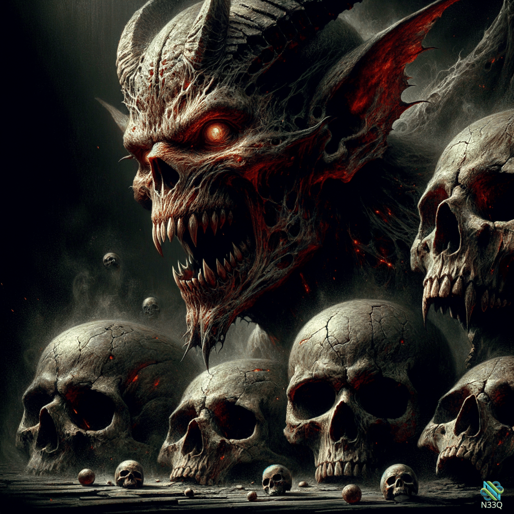 Demonic Skull Over Human Skulls