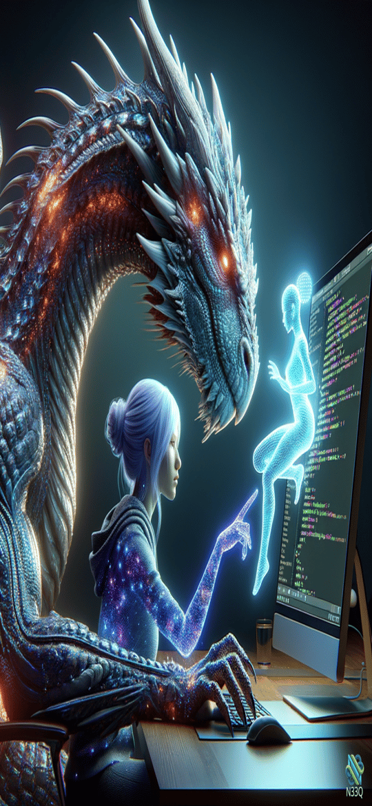 Woman Programming Holographic Figure with Dragon