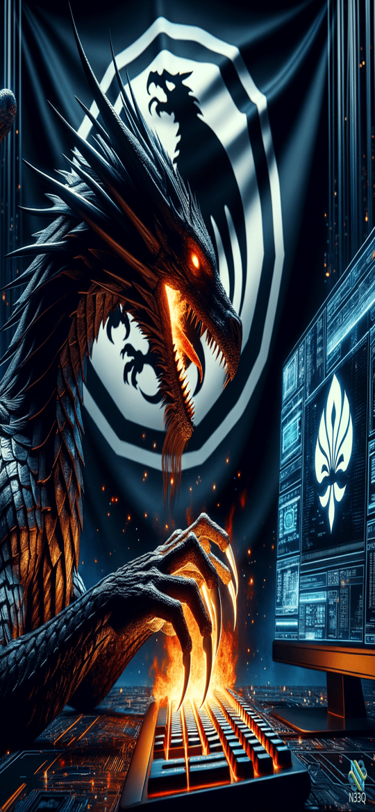 Black Dragon Typing on Fiery Keyboard