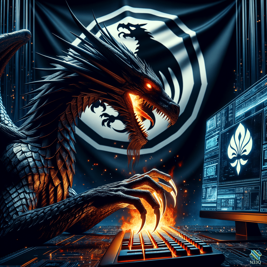 Black Dragon Typing on Fiery Keyboard