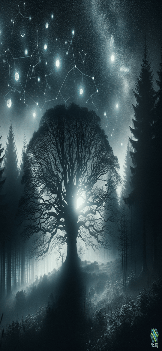 Silhouetted Tree Under Glowing Constellations