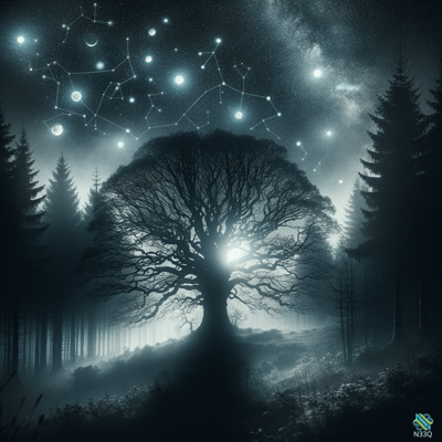 Silhouetted Tree Under Glowing Constellations