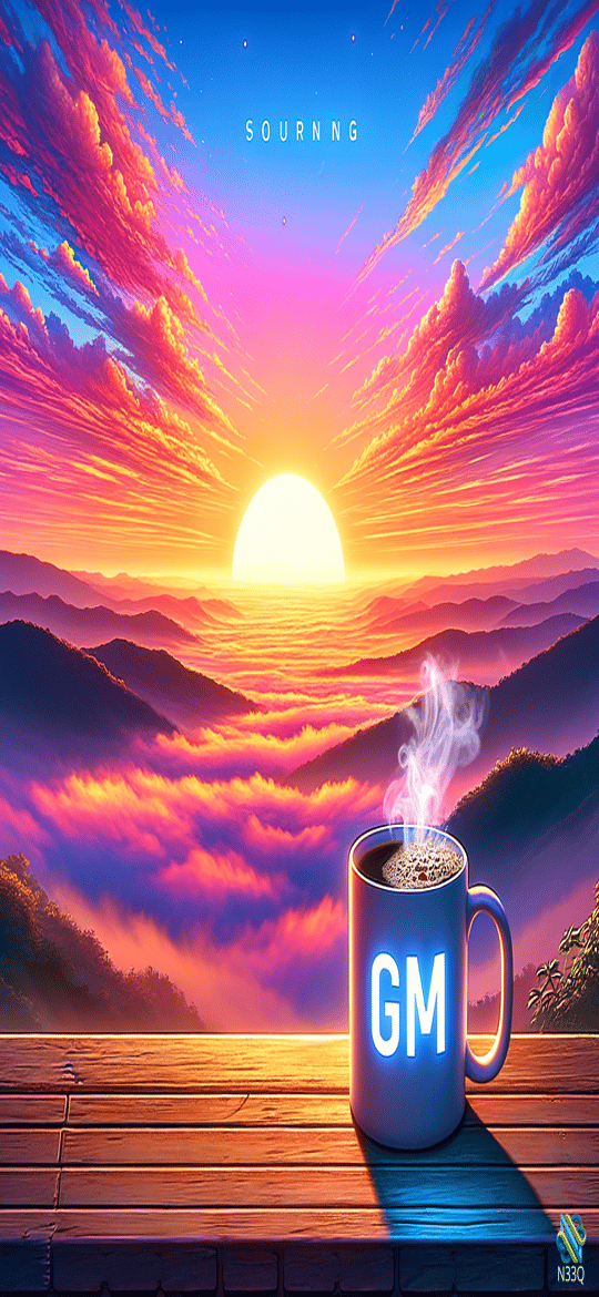 Glowing GM Mug Over Mountain Sunrise