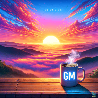 Glowing GM Mug Over Mountain Sunrise