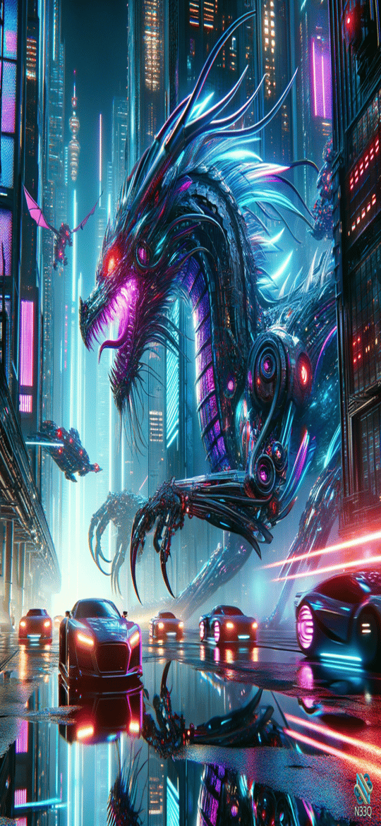 Mechanical Dragon Over Neon Cyberpunk City