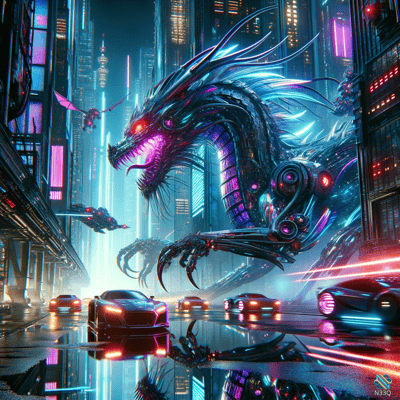 Mechanical Dragon Over Neon Cyberpunk City