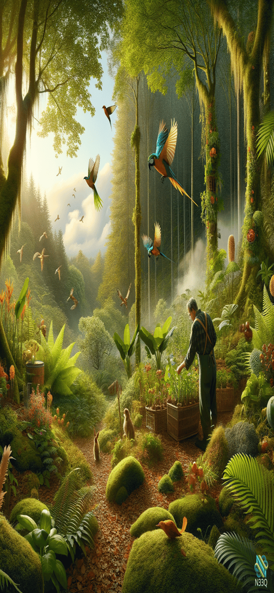 Gardener Tending Plants in Mossy Jungle