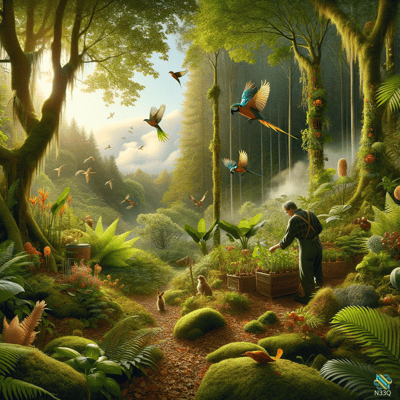 Gardener Tending Plants in Mossy Jungle