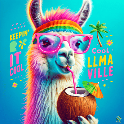 Rainbow Llama Sipping Coconut with Sunglasses