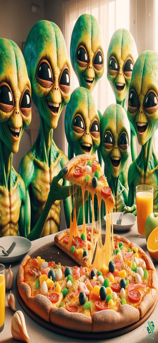 Green Aliens Sharing Cheesy Pizza
