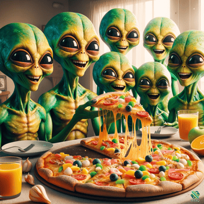 Green Aliens Sharing Cheesy Pizza