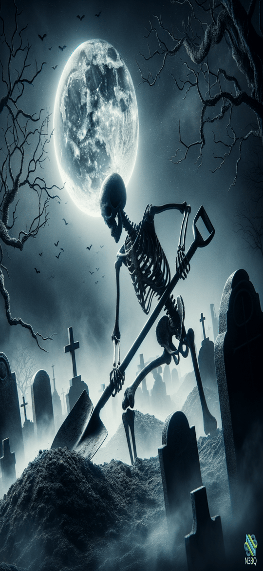 Skeleton Digging Grave Under Full Moon