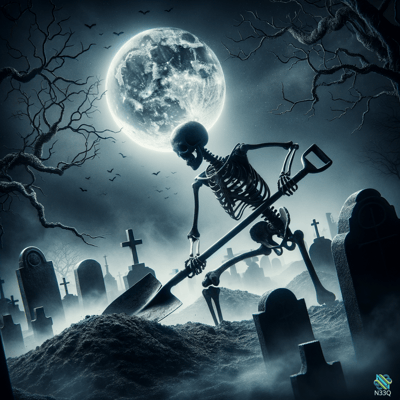 Skeleton Digging Grave Under Full Moon