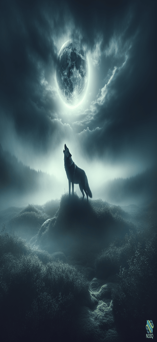 Wolf Howling Under Full Moon on Hill