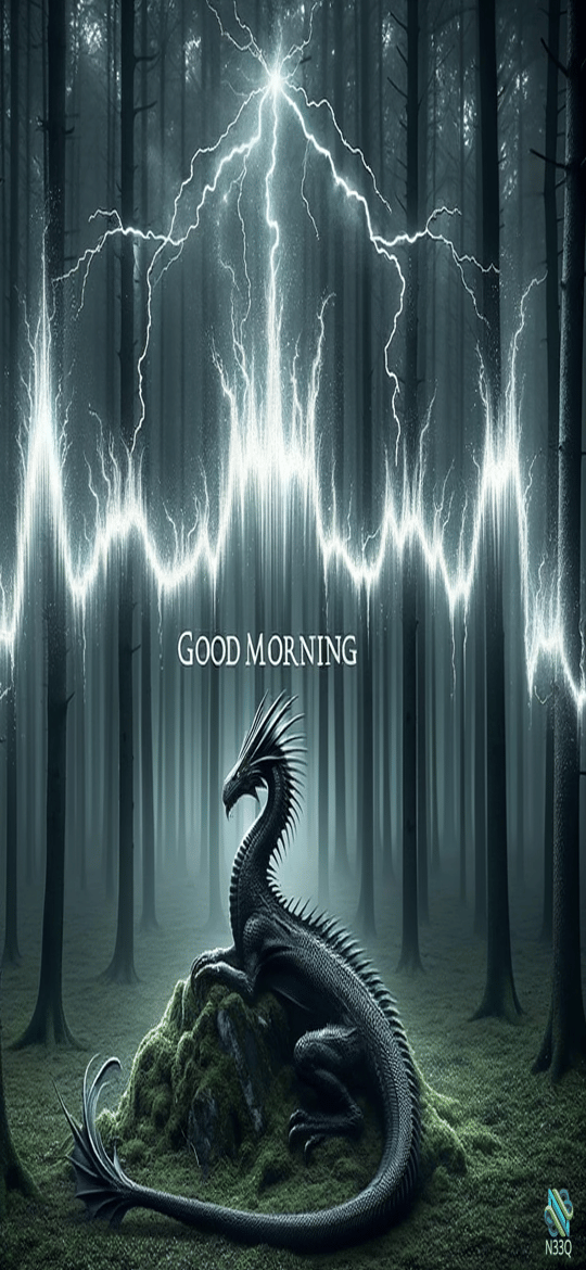 Black Dragon Under Lightning in Forest