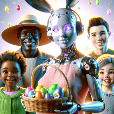 Robot Bunny Holding Easter Egg Basket